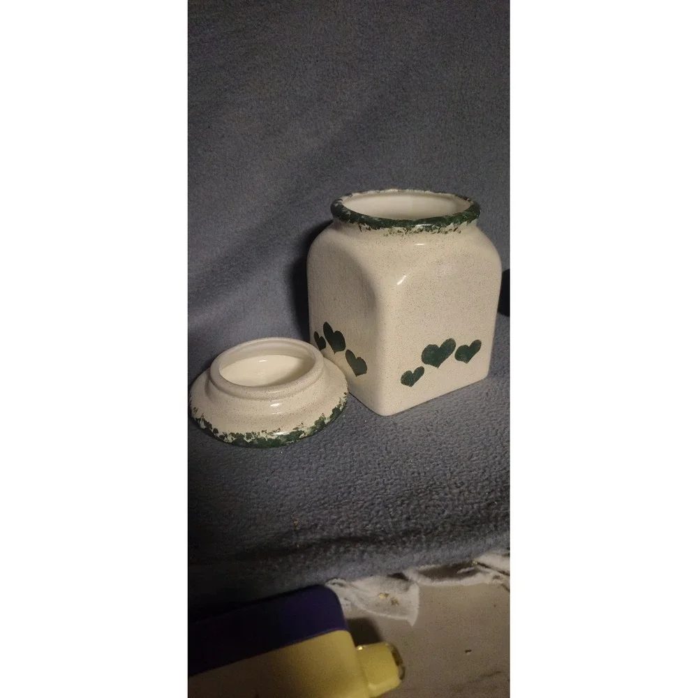 Vintage Speckled Ceramic Heart Canister Jar with Lid Cream Green Farmhouse Decor